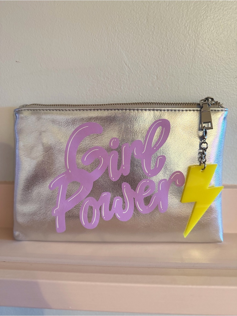 Silver 'Girl Power' Zip Pouch with Yellow Lightning Charm